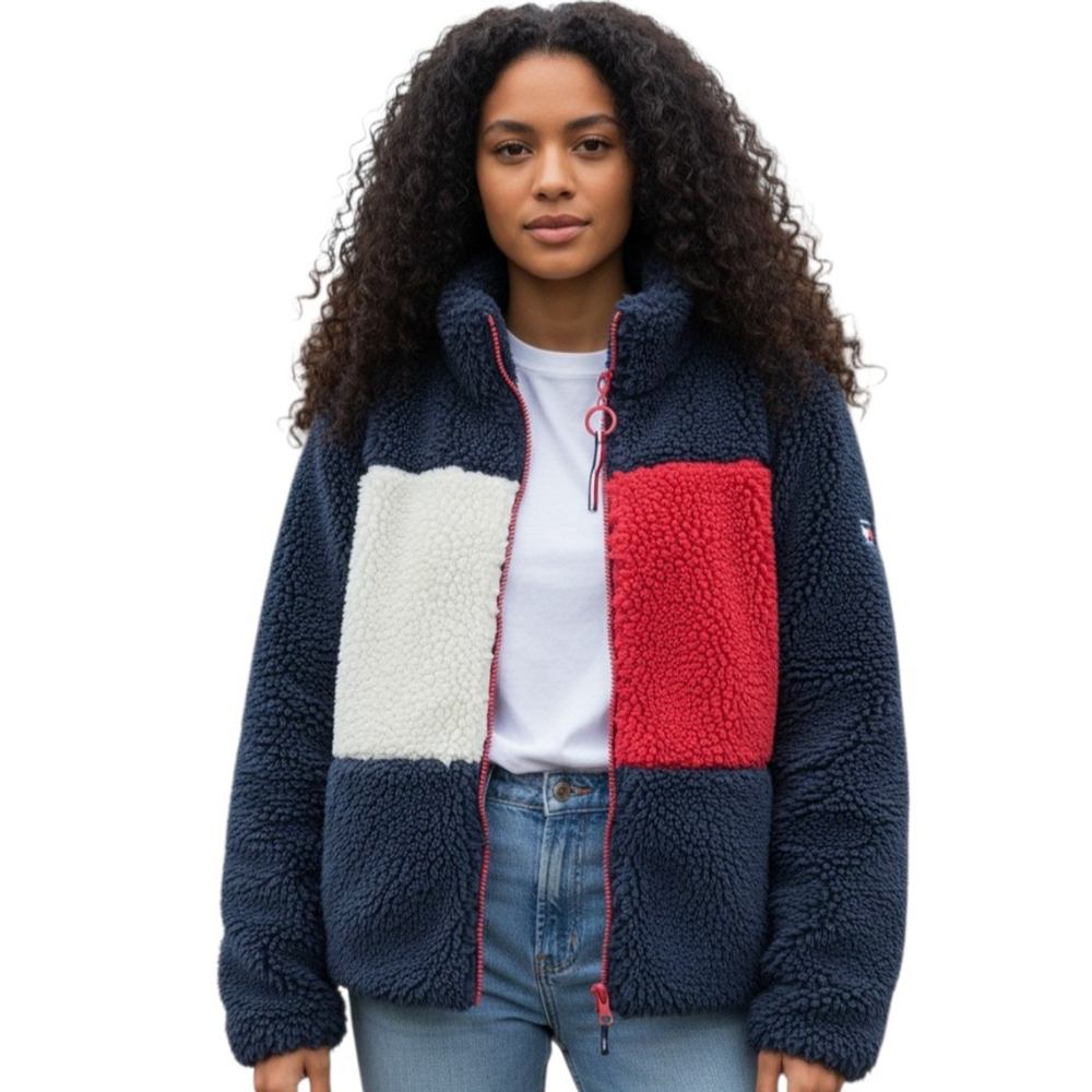 Tommy Hilfiger Women Full-Zip Long-Sleeves Colorblock Sherpa Jacket Size Medium